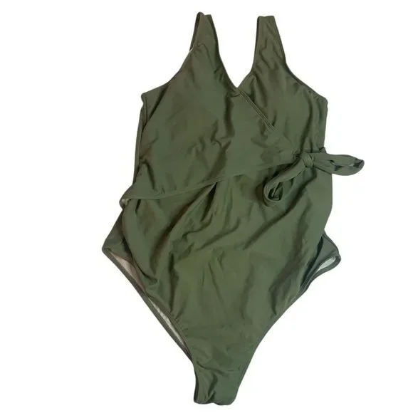 Tinvary Women's 2XL Green V-Neck Tie-Front Wrap One Piece Swimsuit - Picture 2 of 5